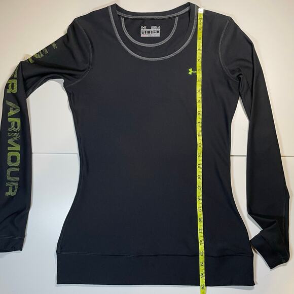 Under Armour Fitted ColdGear Long Sleeve Base Layer Top Womens S Black Neon Logo - Picture 7 of 11